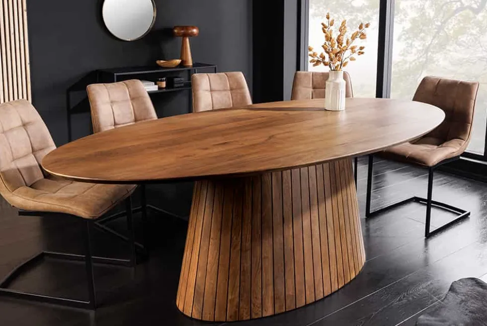 Ovaler Esstisch ART DECO 220cm braun smoked massives Mangoholz mit Säulenfuß