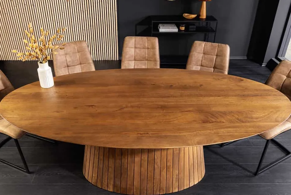 Ovaler Esstisch ART DECO 220cm braun smoked massives Mangoholz mit Säulenfuß