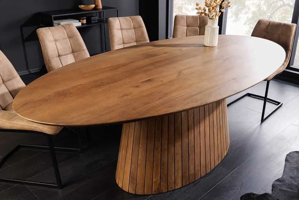 Ovaler Esstisch ART DECO 220cm braun smoked massives Mangoholz mit Säulenfuß