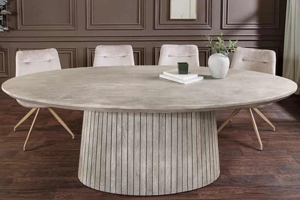 Ovaler Esstisch ART DECO 220cm smoke grau massives Mangoholz mit Säulenfuß