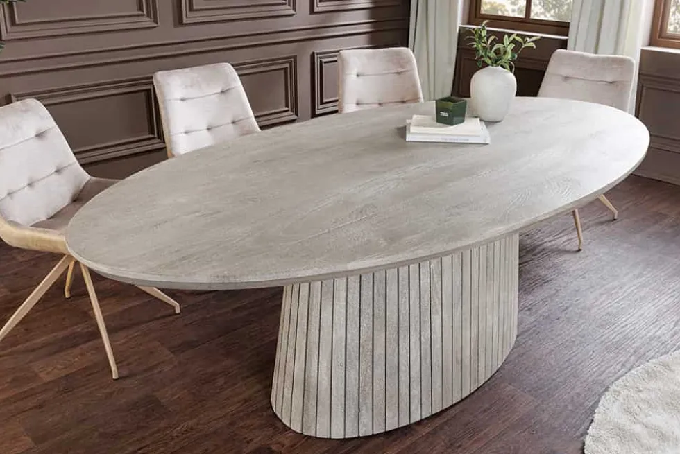 Ovaler Esstisch ART DECO 220cm smoke grau massives Mangoholz mit Säulenfuß