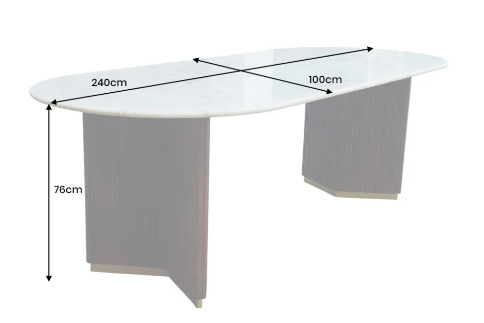 Ovaler Esstisch GATSBY 240cm braun gold Mangoholz weiße Marmorplatte V-Gestell