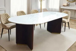 Ovaler Esstisch GATSBY 240cm braun gold Mangoholz weiße Marmorplatte V-Gestell