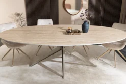 Ovaler Esstisch SCULPTURE 220cm natur Travertin Keramik champagner greige Metall