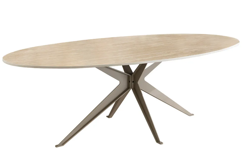 Ovaler Esstisch SCULPTURE 220cm natur Travertin Keramik champagner greige Metall