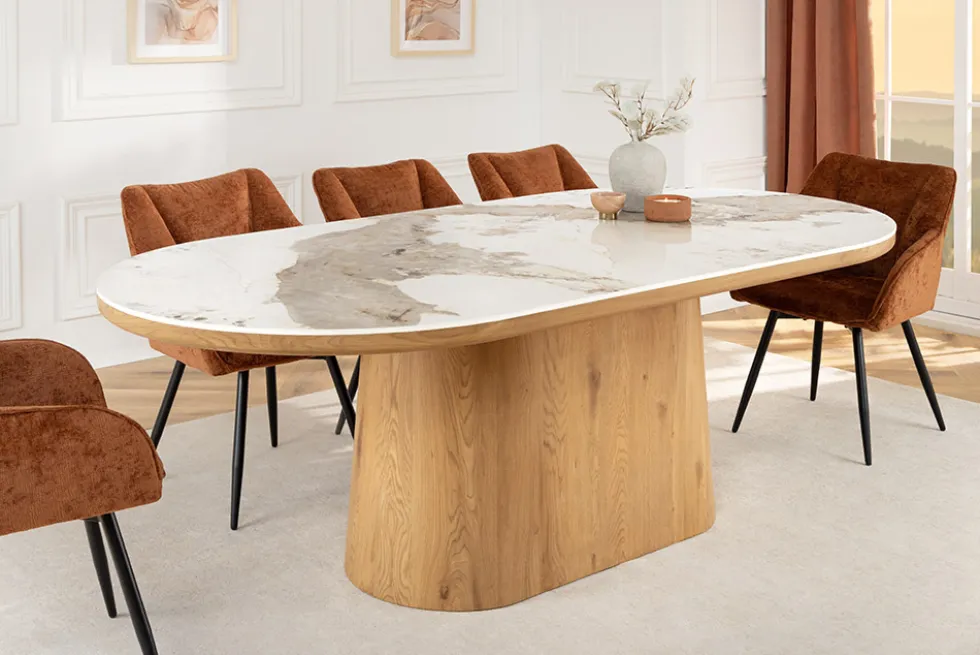 Ovaler Esstisch UNIQUE 200cm weiß natur Keramik Eiche Säulenfuß