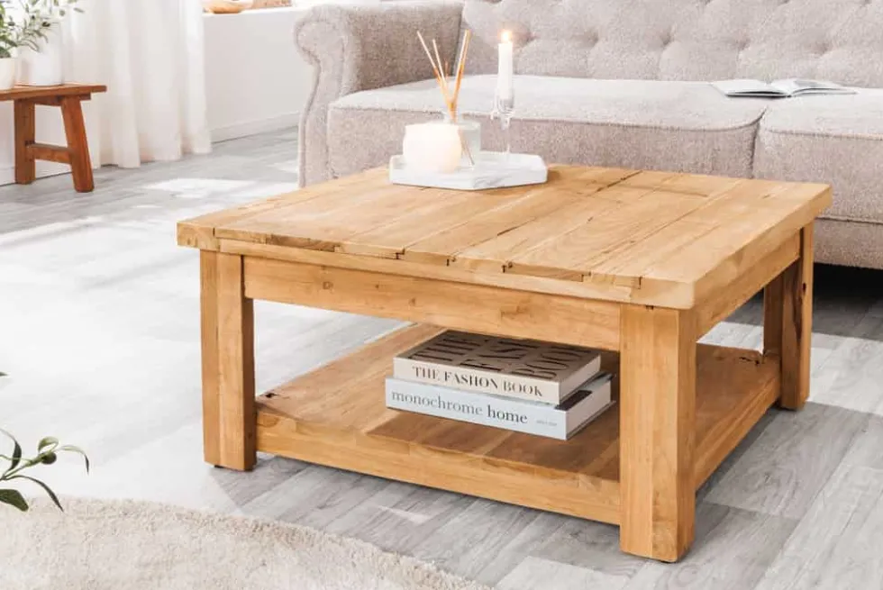 Quadratischer Couchtisch JAVA 70cm natur recyceltes Teakholz mit Ablagefach