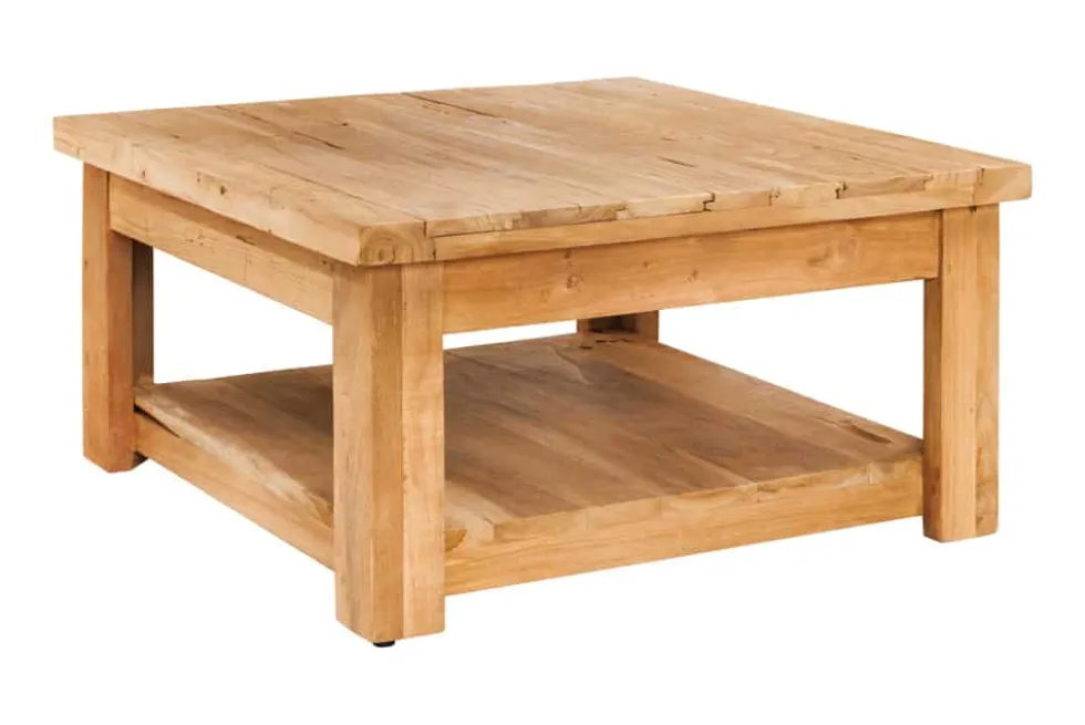 Quadratischer Couchtisch JAVA 70cm natur recyceltes Teakholz mit Ablagefach