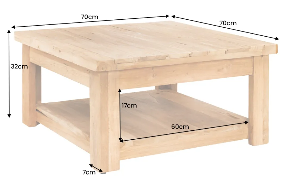Quadratischer Couchtisch JAVA 70cm natur recyceltes Teakholz mit Ablagefach