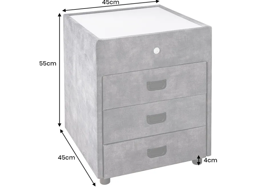Quadratischer Nachttisch PARIS 55cm grau Samt inkl. Beleuchtung und Schubladen