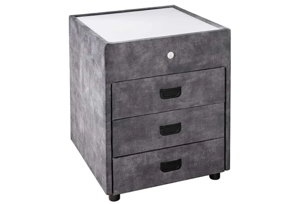 Quadratischer Nachttisch PARIS 55cm grau Samt inkl. Beleuchtung und Schubladen