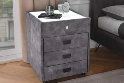 Quadratischer Nachttisch PARIS 55cm grau Samt inkl. Beleuchtung und Schubladen