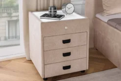 Quadratischer Nachttisch TOULOUSE 55cm beige Samt inkl. Beleuchtung und Schubladen