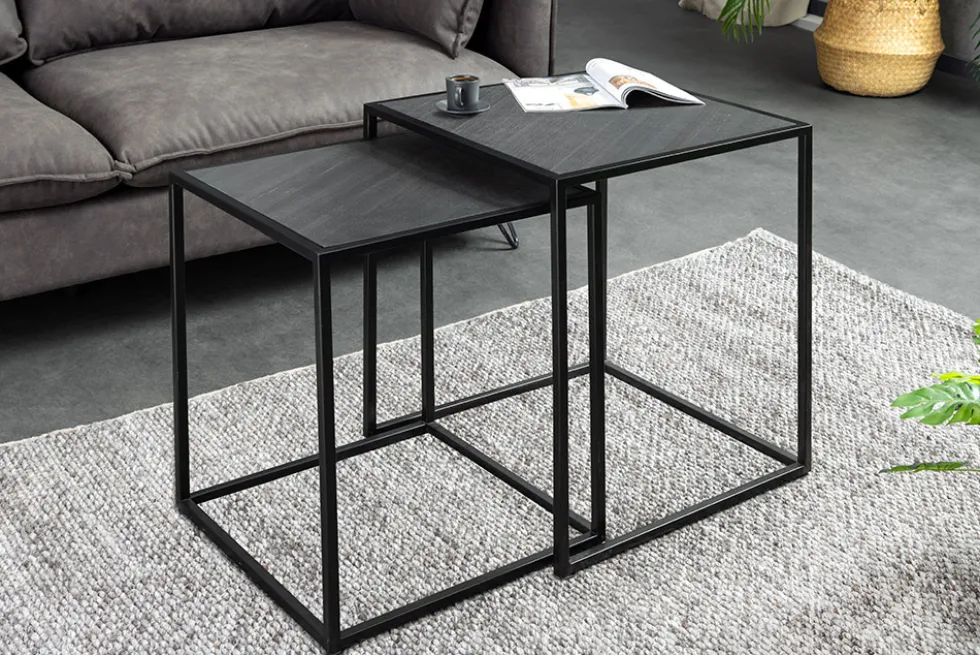 Quadratisches 2er Set Beistelltische MOUNTAIN SOUL 60cm schwarz Naturstein Metall