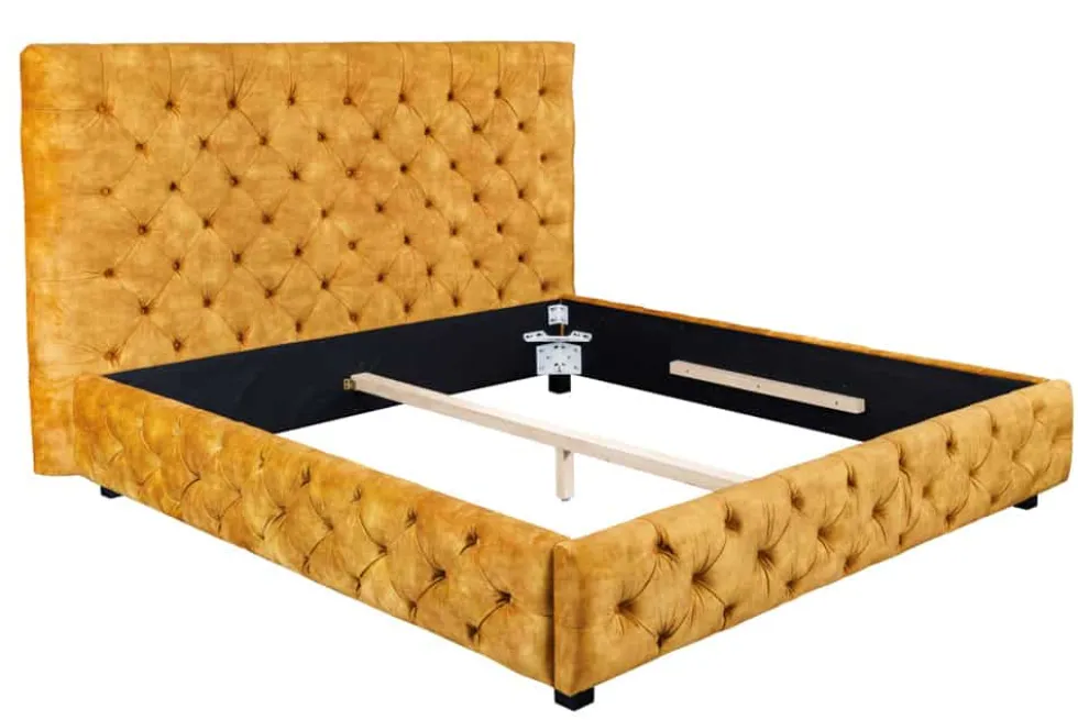 Queensize Doppelbett PARIS 160x200cm senfgelb Samt Chesterfield Design