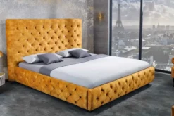 Queensize Doppelbett PARIS 160x200cm senfgelb Samt Chesterfield Design