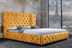 Queensize Doppelbett PARIS 160x200cm senfgelb Samt Chesterfield Design