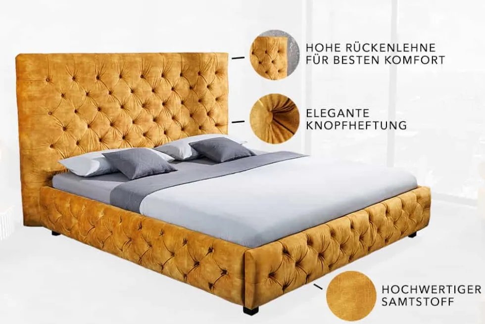Queensize Doppelbett PARIS 160x200cm senfgelb Samt Chesterfield Design