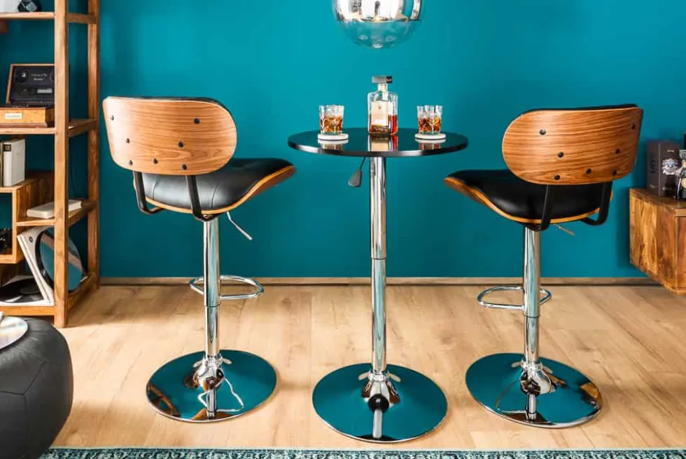 Retro Barhocker CLASSICO schwarz 115cm höhenverstellbar mit Lehne Walnussholz-Design