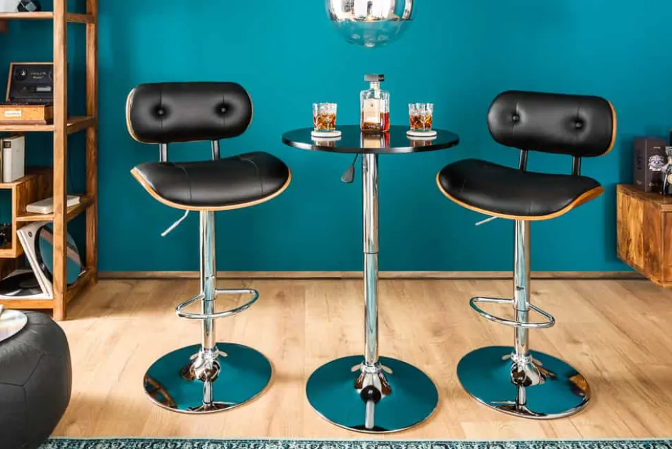 Retro Barhocker CLASSICO schwarz 115cm höhenverstellbar mit Lehne Walnussholz-Design