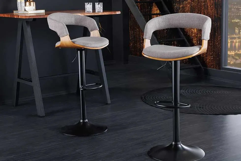 Retro Barhocker MANHATTAN grau Strukturstoff Eschenholz drehbar höhenverstellbar