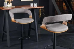 Retro Barhocker MANHATTAN grau Strukturstoff Eschenholz drehbar höhenverstellbar