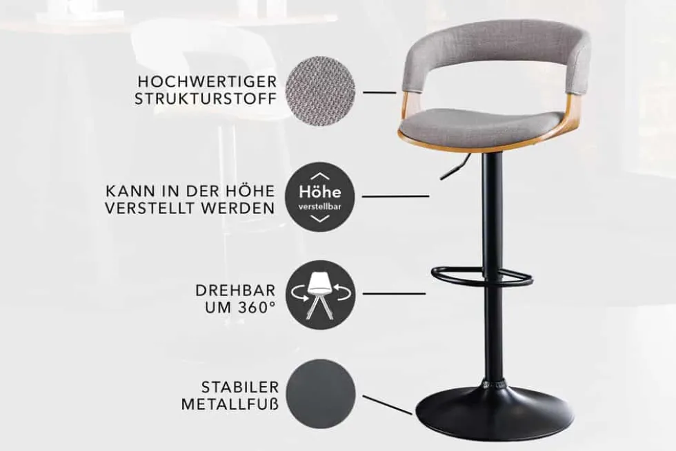 Retro Barhocker MANHATTAN grau Strukturstoff Eschenholz drehbar höhenverstellbar