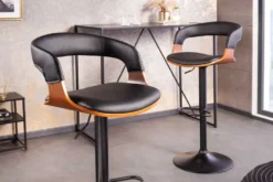 Retro Barhocker MANHATTAN schwarz Kunstleder Walnussholz drehbar höhenverstellbar