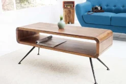 Retro Couchtisch ALPHA 100cm braun Sheesham Massivholz stone finish schwarze Metallbeine