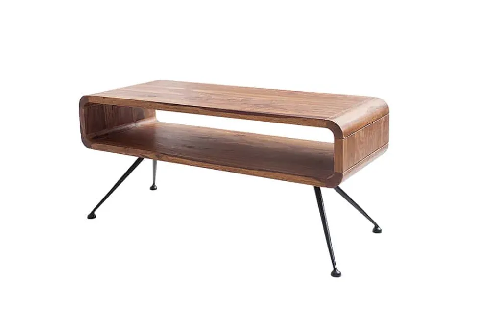 Retro Couchtisch ALPHA 100cm braun Sheesham Massivholz stone finish schwarze Metallbeine