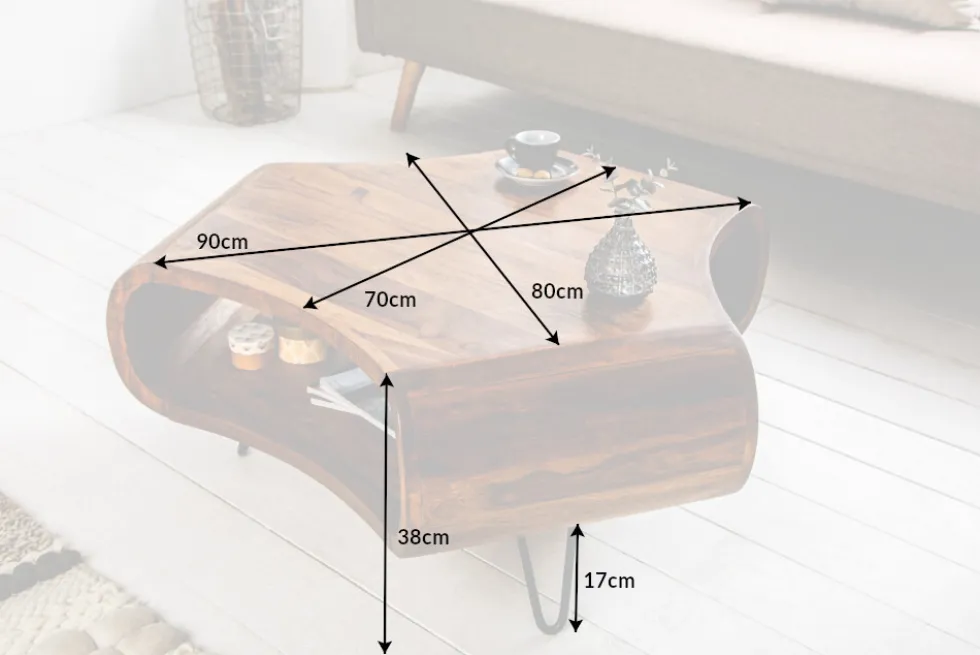 Retro Couchtisch ORGANIC LIVING 90cm braun Sheesham Massivholz stone finish Stauraum