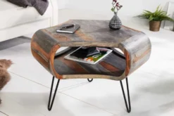 Retro Couchtisch ORGANIC LIVING 70cm grau Sheesham Massivholz mit Stauraum Hairpin Legs