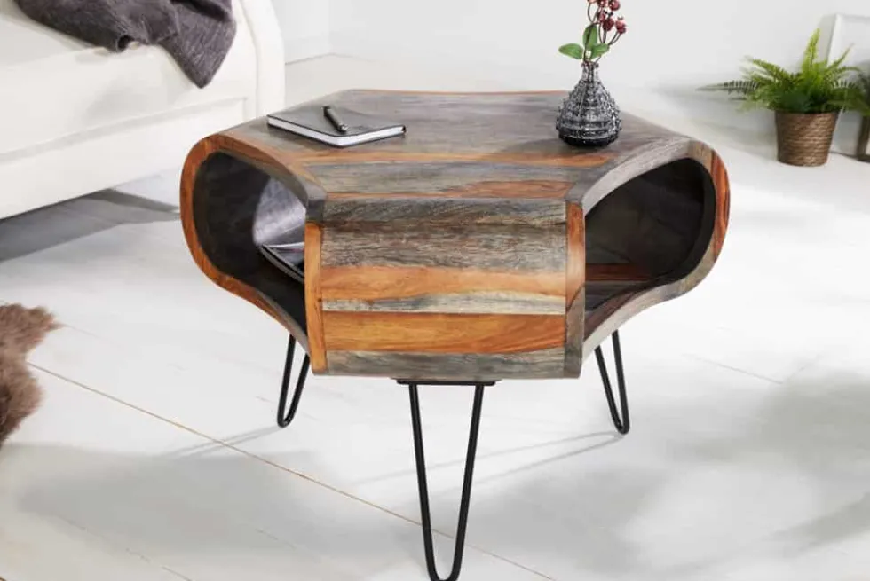 Retro Couchtisch ORGANIC LIVING 70cm grau Sheesham Massivholz mit Stauraum Hairpin Legs
