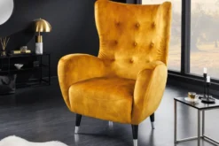 Retro Design Sessel DON senfgelb Samt Federkern silberne Fußkappen