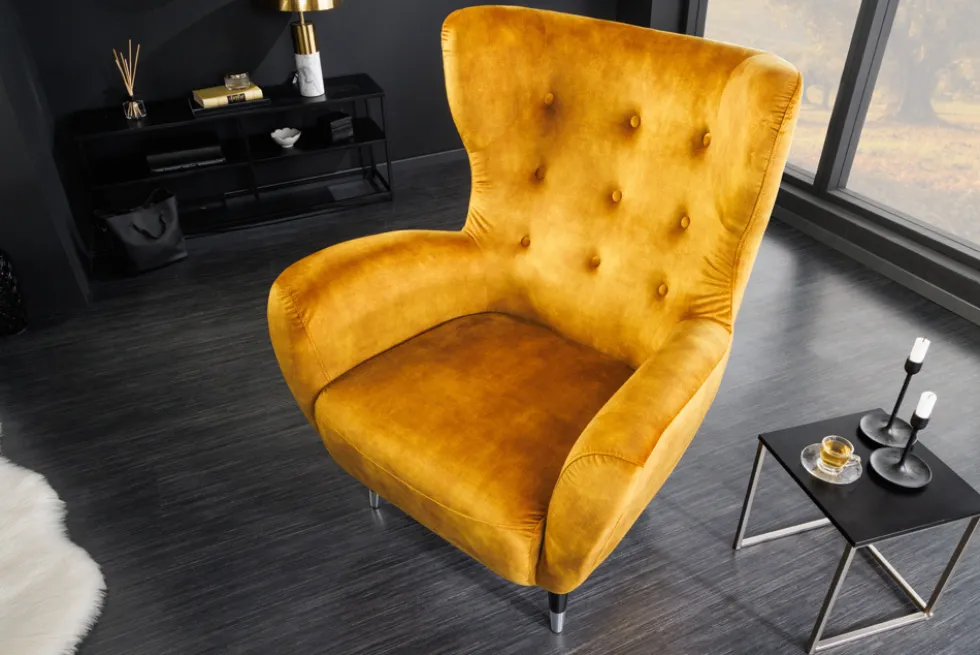 Retro Design Sessel DON senfgelb Samt Federkern silberne Fußkappen