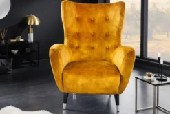 Retro Design Sessel DON senfgelb Samt Federkern silberne Fußkappen