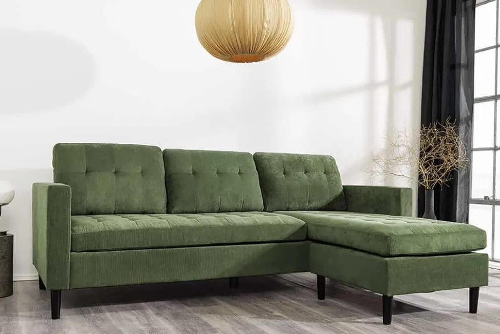 Retro Ecksofa STOCKHOLM 220cm grün Cordstoff Federkern 3-Sitzer