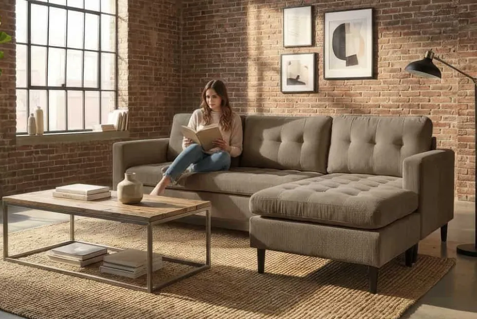 Retro Ecksofa STOCKHOLM 220cm taupe Cord Federkern 3-Sitzer