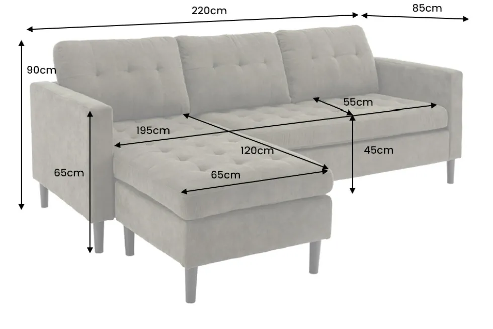 Retro Ecksofa STOCKHOLM 220cm taupe Cord Federkern 3-Sitzer
