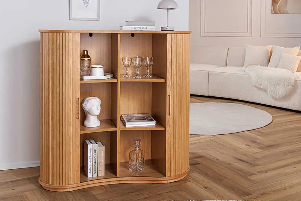 Retro Highboard VALHALLA WOOD 110cm natur Eichenholz mit Schiebetüren