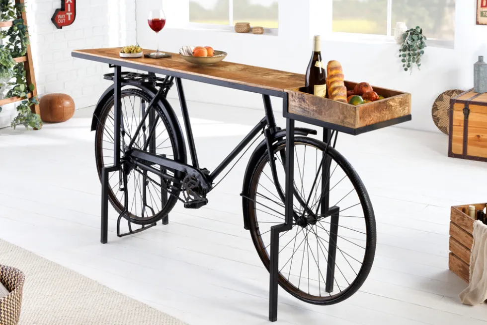 Retro Konsolentisch BICYCLE 195cm Mangoholz Fahrrad Bartisch Upcycling
