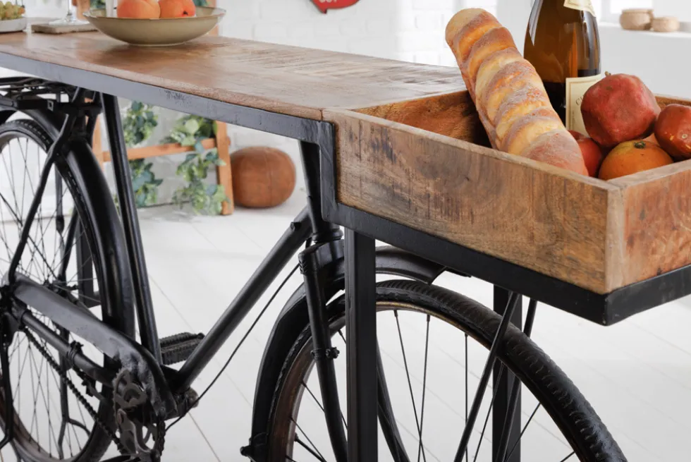 Retro Konsolentisch BICYCLE 195cm Mangoholz Fahrrad Bartisch Upcycling