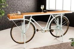 Retro Konsolentisch BICYCLE 190cm salbei natur Mangoholz Fahrrad Bartisch Upcycling