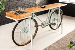Retro Konsolentisch BICYCLE 190cm salbei natur Mangoholz Fahrrad Bartisch Upcycling