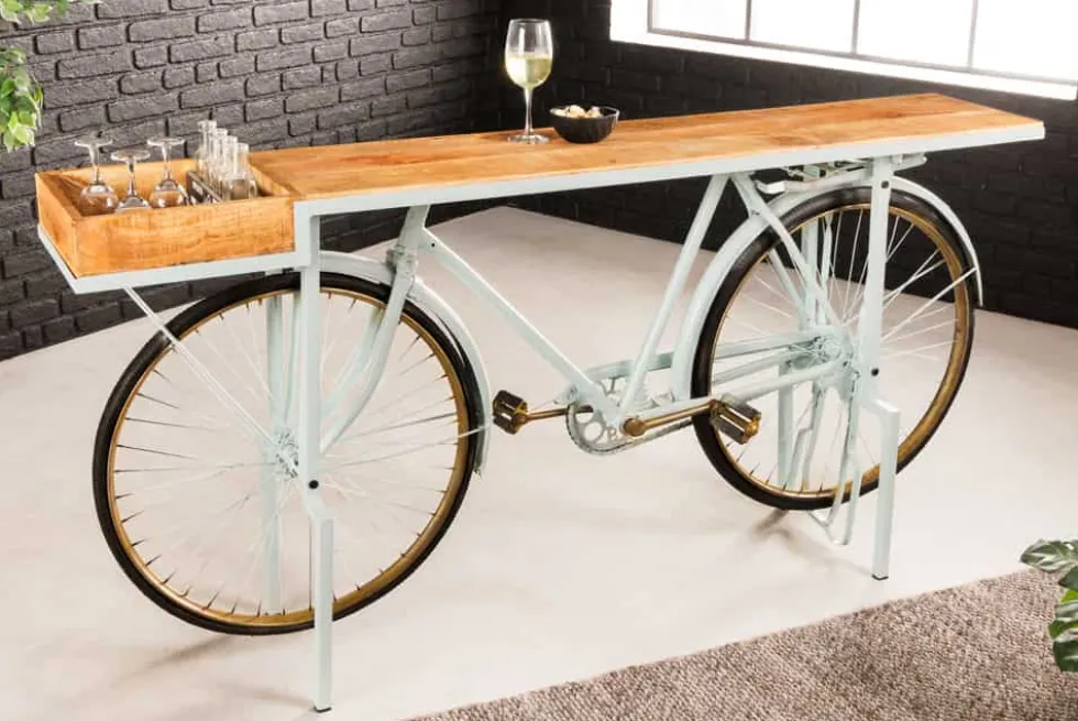 Retro Konsolentisch BICYCLE 190cm salbei natur Mangoholz Fahrrad Bartisch Upcycling