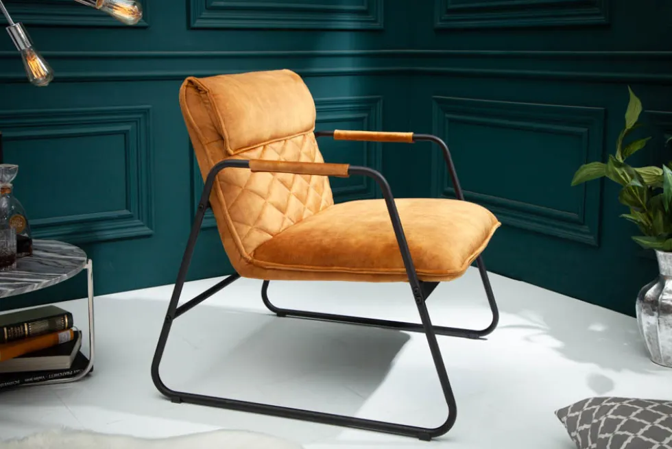 Retro Lounge Sessel MUSTANG LOUNGER senfgelb Samt mit Ziersteppung