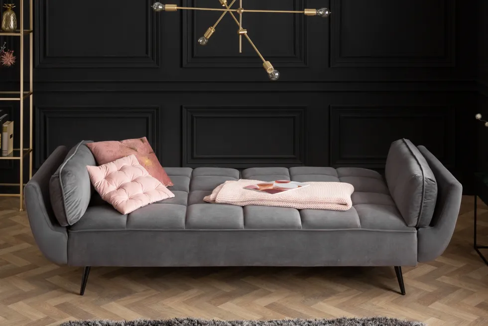 Retro Schlafsofa BOUTIQUE 215cm grau Samt 3-Sitzer mit schwarzen Füßen