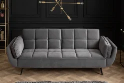 Retro Schlafsofa BOUTIQUE 215cm grau Samt 3-Sitzer mit schwarzen Füßen