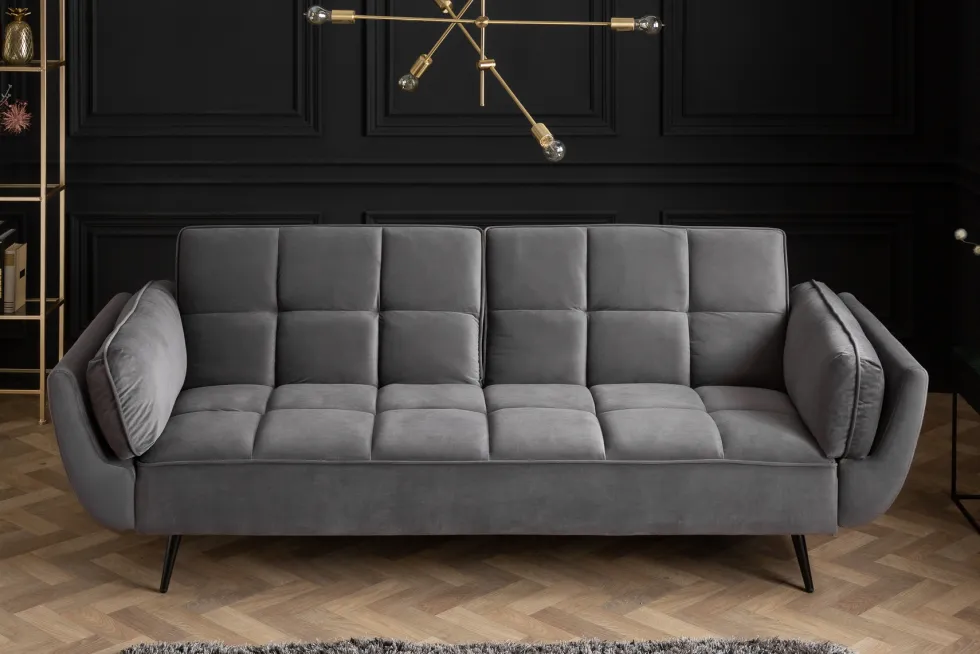 Retro Schlafsofa BOUTIQUE 215cm grau Samt 3-Sitzer mit schwarzen Füßen
