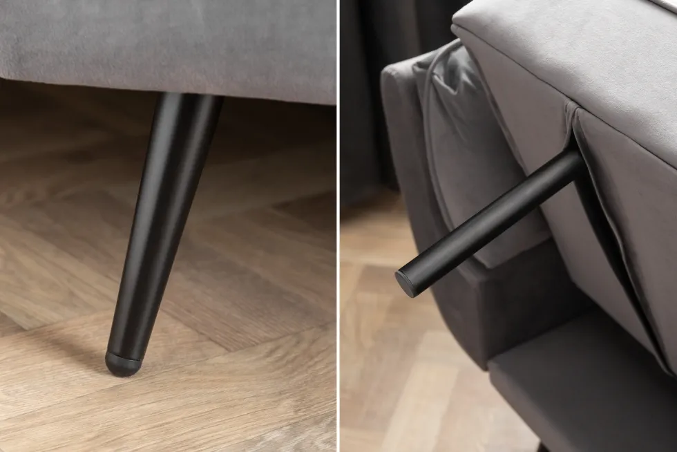 Retro Schlafsofa BOUTIQUE 215cm grau Samt 3-Sitzer mit schwarzen Füßen